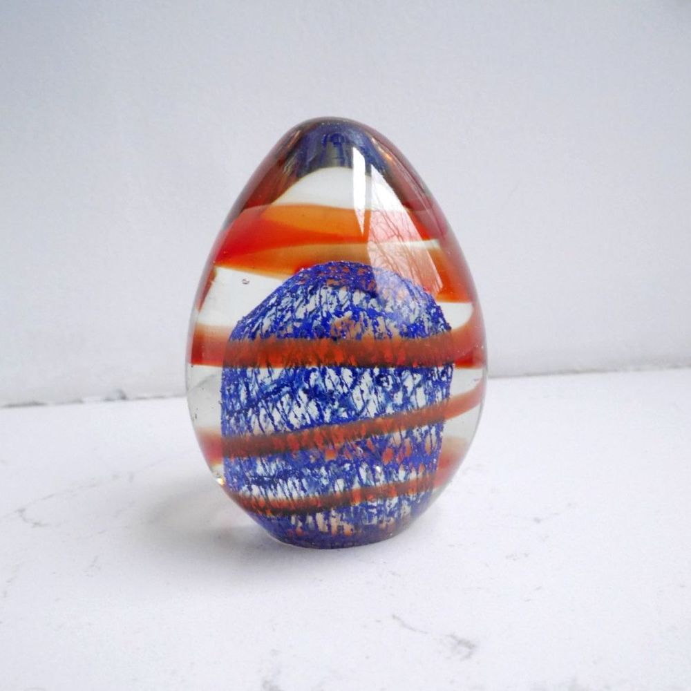 Glass Egg-shaped Paperweight - Orange and Blue - Handmade